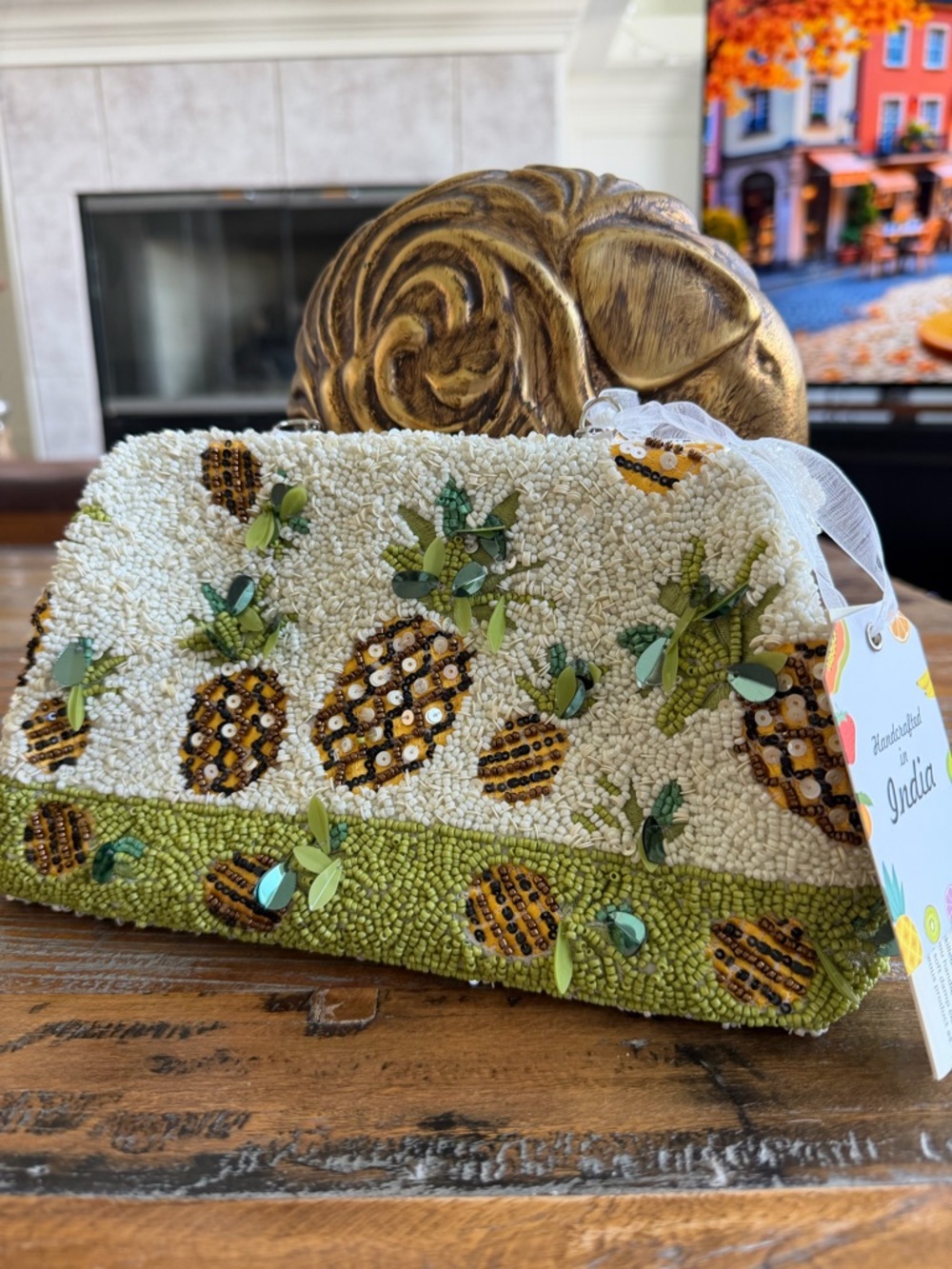 Beaded Pineapple Motif Clutch/Crossbody Bag - Green & White - Picture 4 of 15